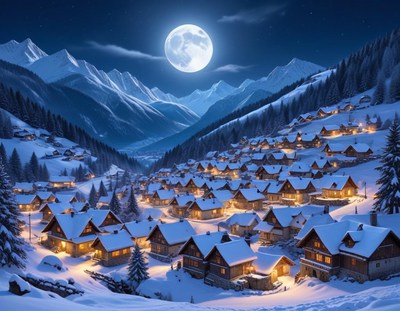 Snowy mountain village under a bright full moon
