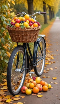 Bicycle with fruit basket on autumn path
