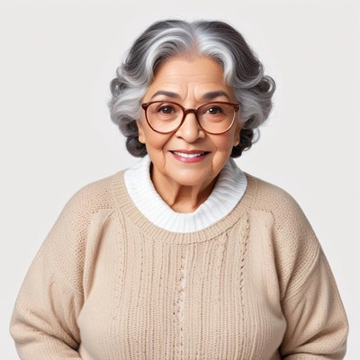 Elderly woman smiling warmly in cozy sweater