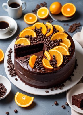 Chocolate cake with oranges and coffee beans