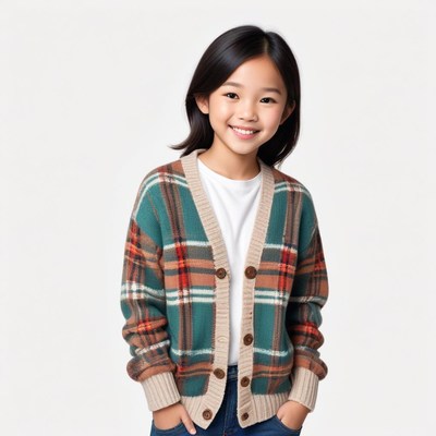 Child smiling in plaid cardigan with casual style