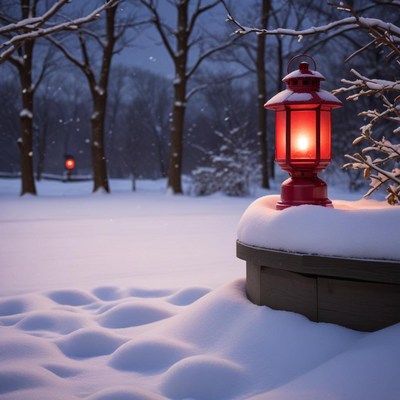 Evening glow of lantern in a snowy landscape