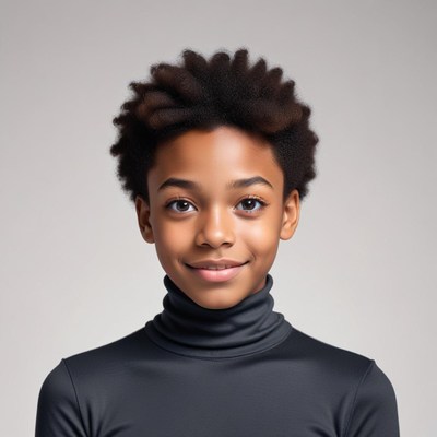 Smiling boy with short curly hair in dark turtleneck