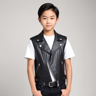 Young boy in stylish black leather vest posing confidently