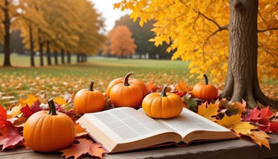 Enjoying autumn with books and pumpkins in the park