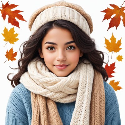 Young woman in cozy sweater and scarf during autumn season