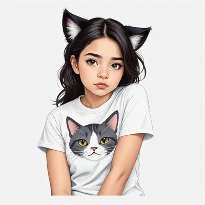 Girl with cat ears wearing a playful t-shirt design