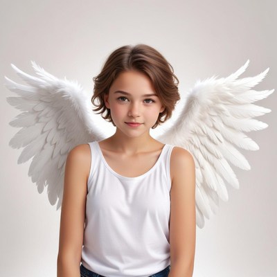Young girl with angel wings in a bright studio