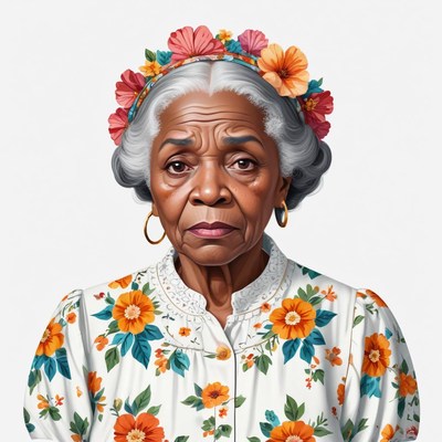 Elderly woman with flower crown and floral dress