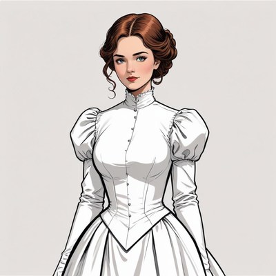 Elegant woman in vintage white gown with puffy sleeves