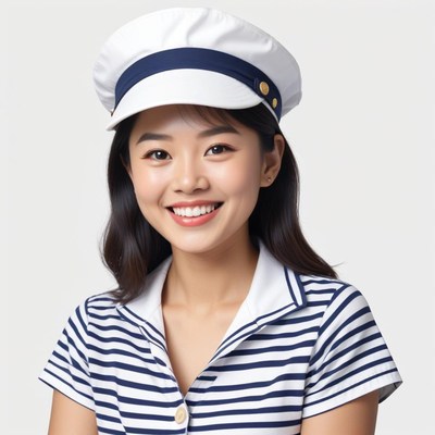 Smiling woman in nautical outfit with a cap