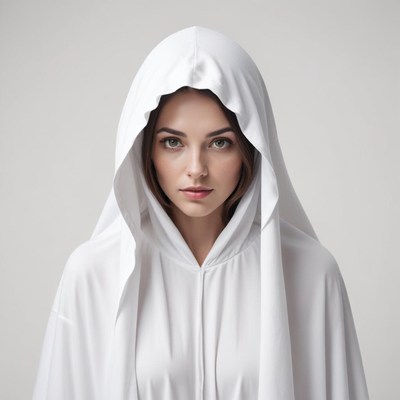Mysterious figure in white hooded cloak stands still