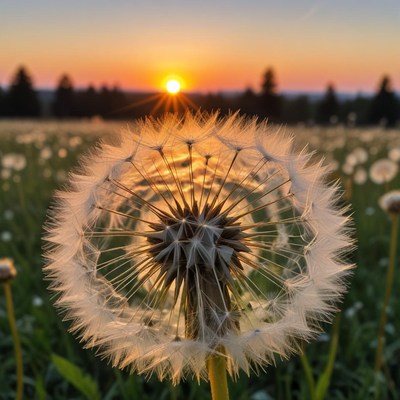 Dandelion at sunset in a grassy field