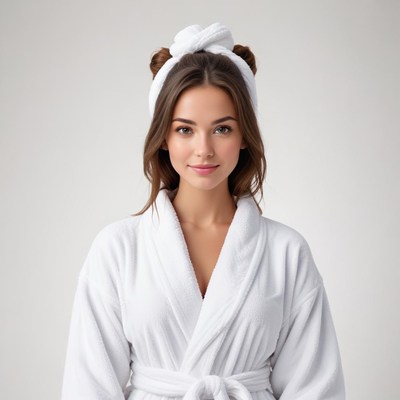 Woman in white robe and headband ready for relaxation