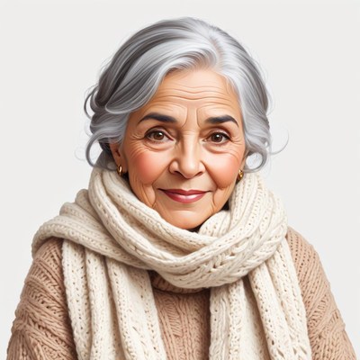 Elderly woman smiling warmly in cozy winter attire