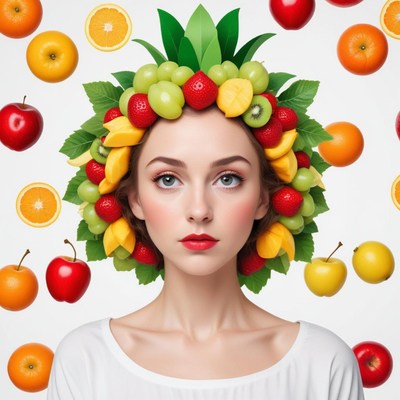 Woman with fruit headdress against colorful background