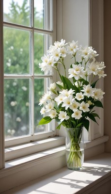 Beautiful white flowers in a vase by the window