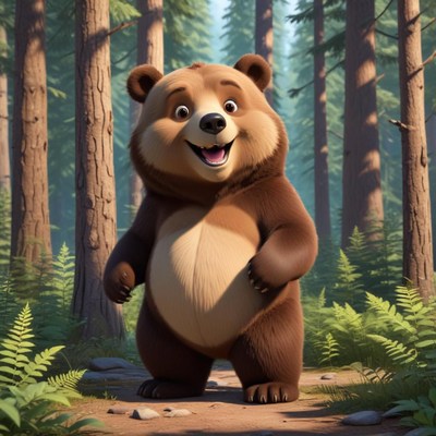 Happy bear in a sunny forest enjoying nature