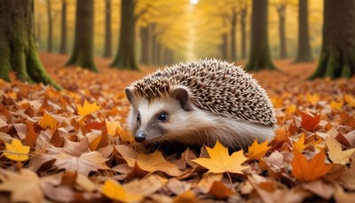 Hedgehog resting among autumn leaves in a forest