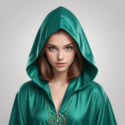 Mystical woman in green robe with hood
