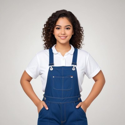 Smiling woman in blue overalls and white shirt