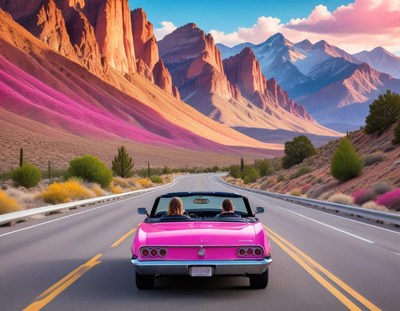 Road trip in a pink convertible through vibrant mountains