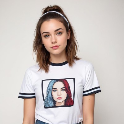 Young woman poses in stylish t-shirt with graphic design