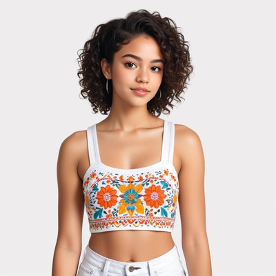 Young woman posing in colorful embroidered crop top