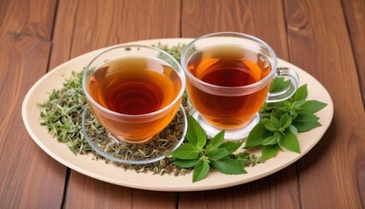 Delicious herbal tea served with fresh mint leaves