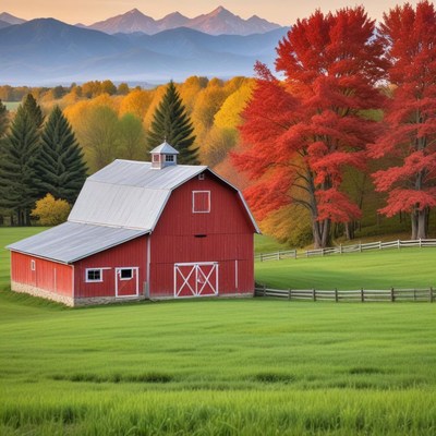 Red barn with vibrant trees and mountain view at sunset