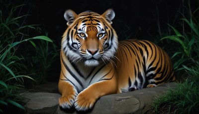 Majestic tiger resting on a stone at night