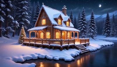 Winter cottage by a river in a snowy landscape at night