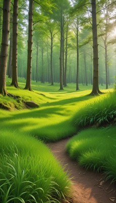 Sunlight filters through trees in a lush green forest