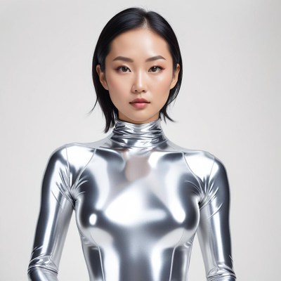 Model in silver outfit poses against neutral background