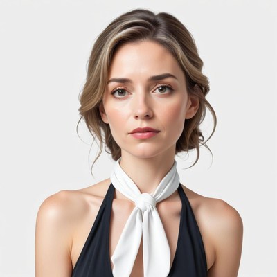 Woman with elegant hairstyle and white scarf indoors