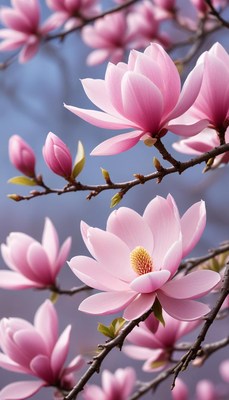 Beautiful pink magnolia blossoms in springtime morning