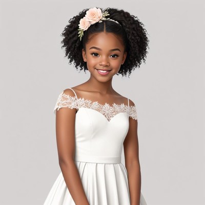 Girl in white dress with flower headband smiles joyfully