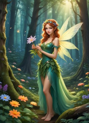 Fairy in a magical forest surrounded by flowers