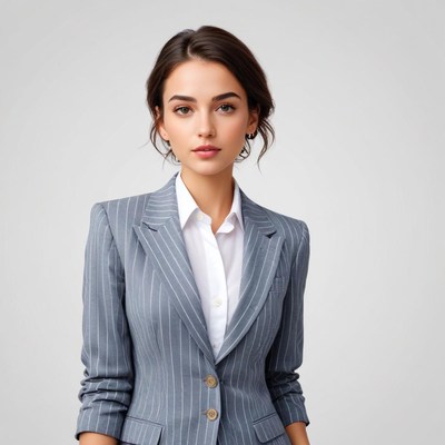 Professional woman in gray suit with confidence