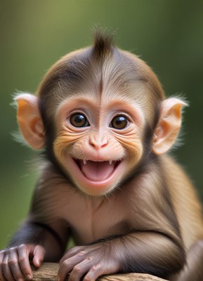 Cute baby monkey smiling happily in a forest setting