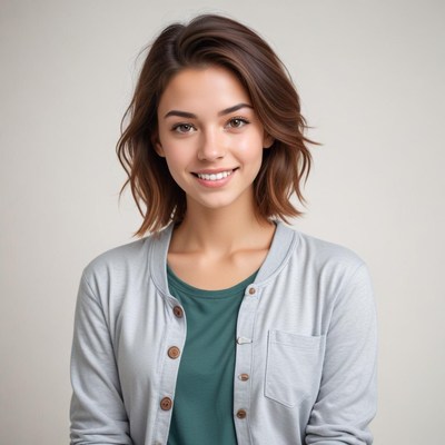 Young woman smiling in casual attire with neutral background