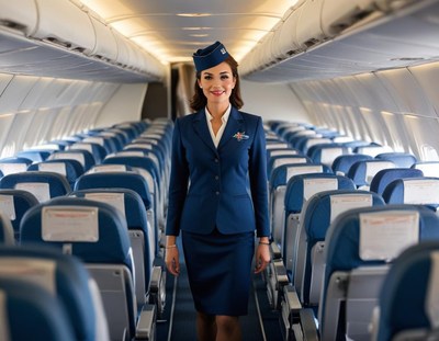 Flight attendant walking through the airplane aisle