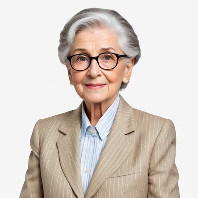 Elderly woman wearing glasses in a professional outfit