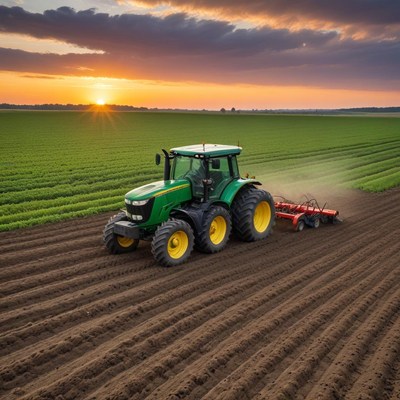 Tractor plowing field at sunset in rural landscape