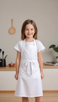 Young girl in white apron smiling in a bright kitchen