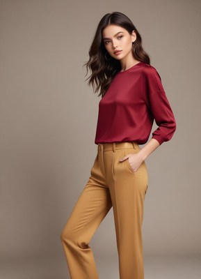 Model in chic outfit poses against neutral backdrop