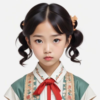 Young girl in traditional outfit with a serious expression