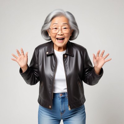 Joyful elderly woman celebrating in modern attire