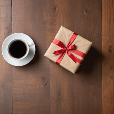 Coffee and a gift on a rustic wooden table