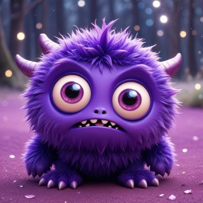 Cute purple monster in a magical forest setting